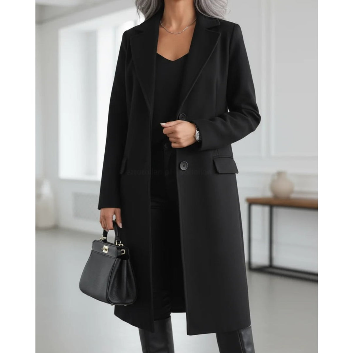 Longline Wool Coat with Single-Breasted Trench Silhouette and Notched Lapels - Image 4