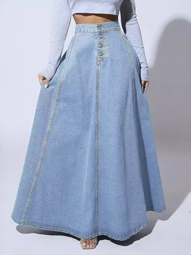 NOVA | Women’s High Waisted Denim Maxi Skirt – A-Line Long Jean Skirt with Button Front