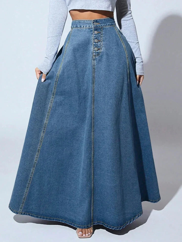 NOVA | Women’s High Waisted Denim Maxi Skirt – A-Line Long Jean Skirt with Button Front