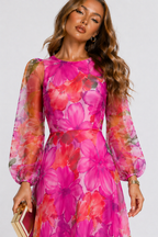 NOVA | Pink Floral Midi Dress with Sheer Sleeves | Wedding Guest Dress