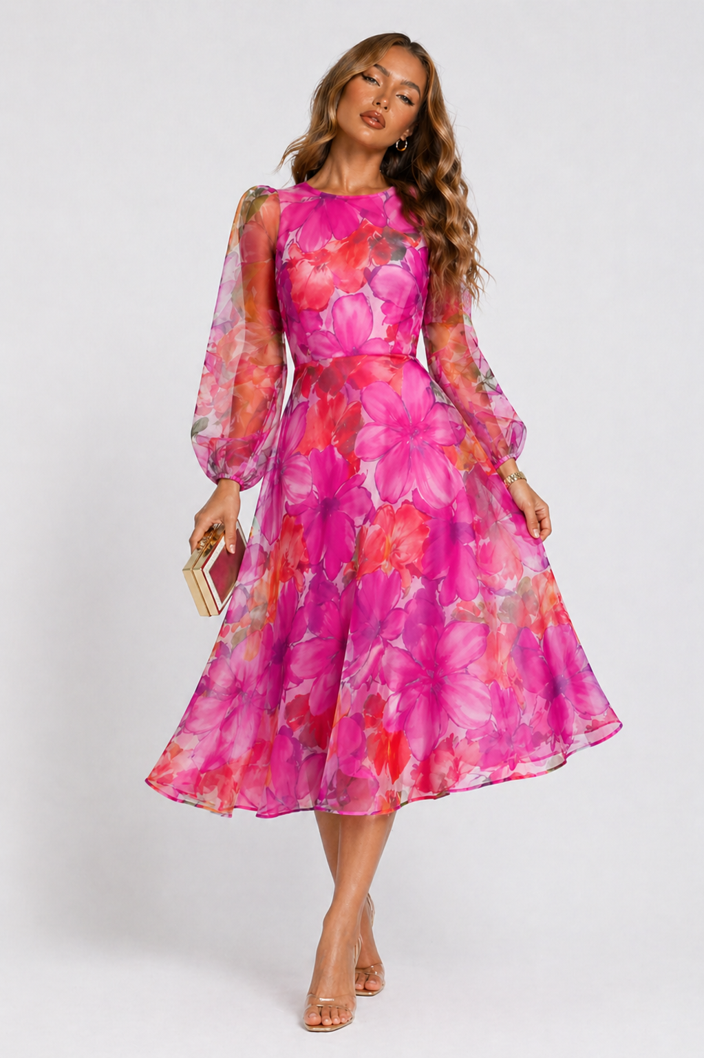 NOVA | Pink Floral Midi Dress with Sheer Sleeves | Wedding Guest Dress House Of Nova London NOVA | Pink Floral Midi Dress with Sheer Sleeves | Wedding Guest Dress House Of Nova London