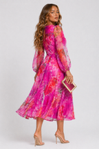 NOVA | Pink Floral Midi Dress with Sheer Sleeves | Wedding Guest Dress