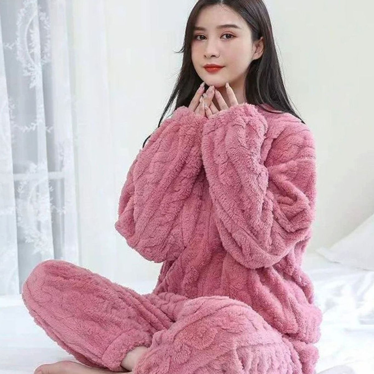 Loungewear Set with Relaxed Cable Knit and Pajama Style - Image 1