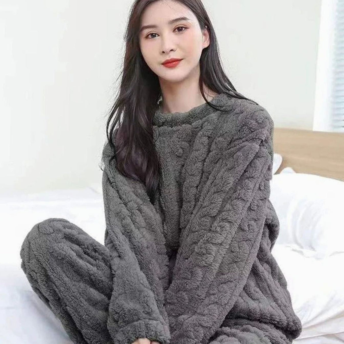 Loungewear Set with Relaxed Cable Knit and Pajama Style - Image 2