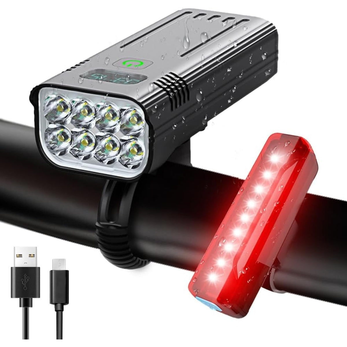 Matte Black Rechargeable Bike Light Set With Digital Display - Image 1