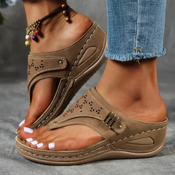 Melanie Comfort Wedge Sandals With Laser Cut Detailing And Adjustable Buckle Strap - Image 1