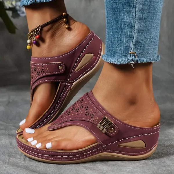 Melanie Comfort Wedge Sandals With Laser Cut Detailing And Adjustable Buckle Strap - Image 2