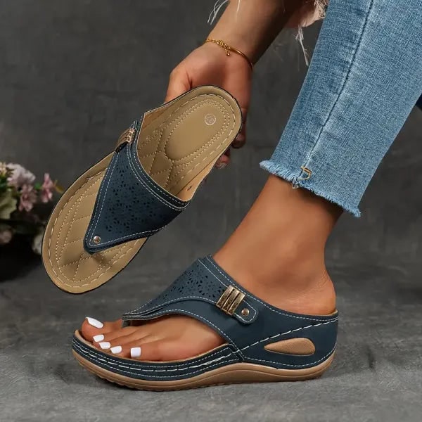 Melanie Comfort Wedge Sandals With Laser Cut Detailing And Adjustable Buckle Strap - Image 3