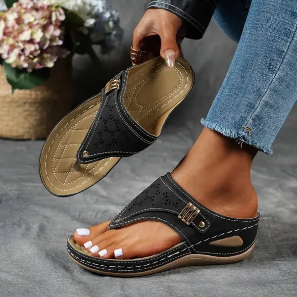 Melanie Comfort Wedge Sandals With Laser Cut Detailing And Adjustable Buckle Strap - Image 4
