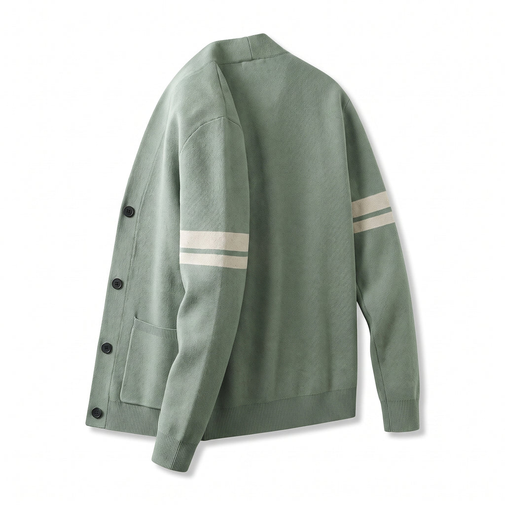 Men's Cardigan Button Up Sweater With Pockets And Striped Sleeves - angle