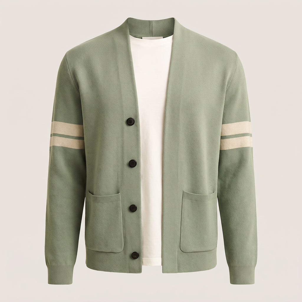 Men's Cardigan Button Up Sweater With Pockets And Striped Sleeves - hero