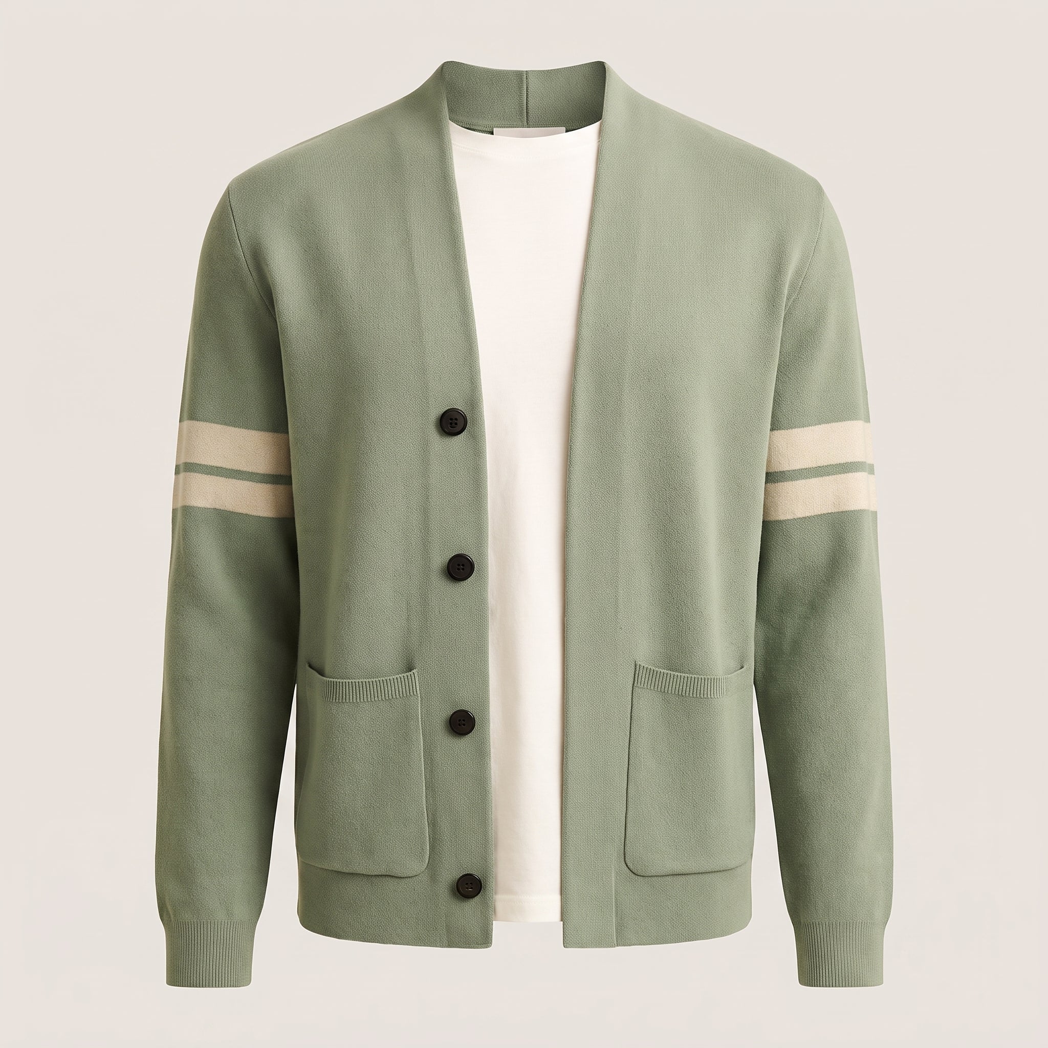 Men's Cardigan Button Up Sweater With Pockets And Striped Sleeves - hero