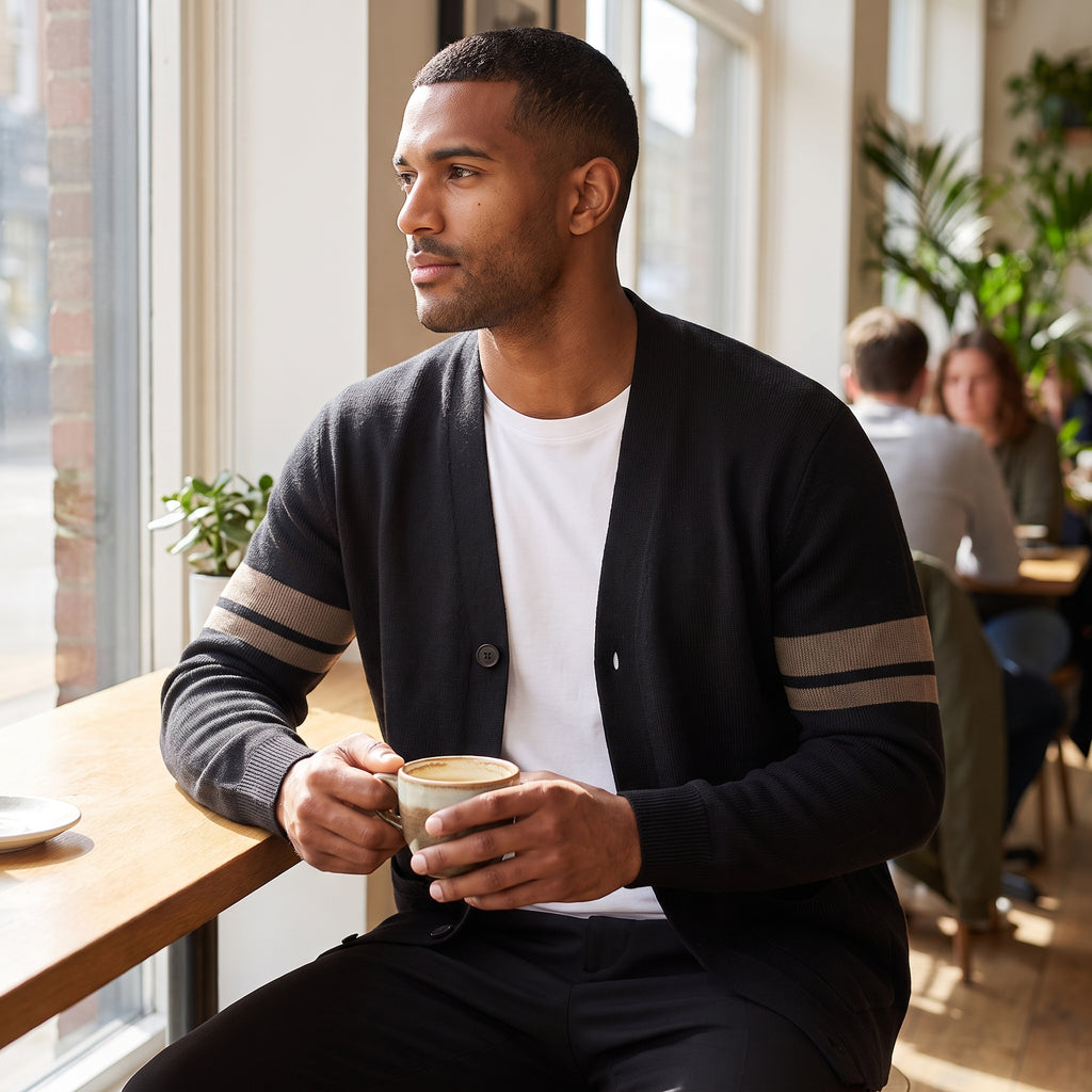 Men's Cardigan Button Up Sweater With Pockets And Striped Sleeves - in-use