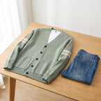 Men's Cardigan Button Up Sweater With Pockets And Striped Sleeves - scale
