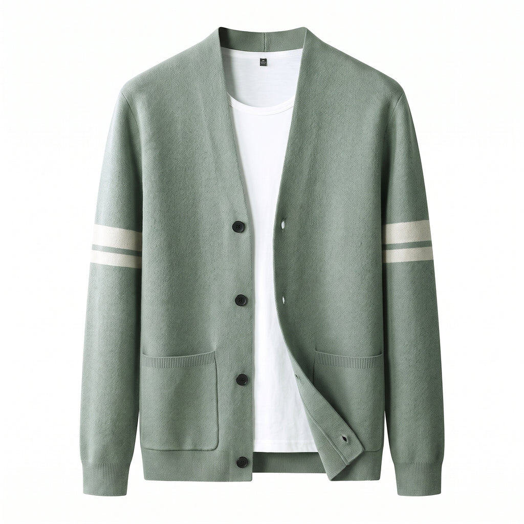 Men's Cardigan Button Up Sweater With Pockets And Striped Sleeves - studio