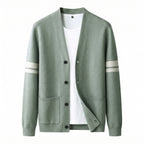 Men's Cardigan Button Up Sweater With Pockets And Striped Sleeves - studio