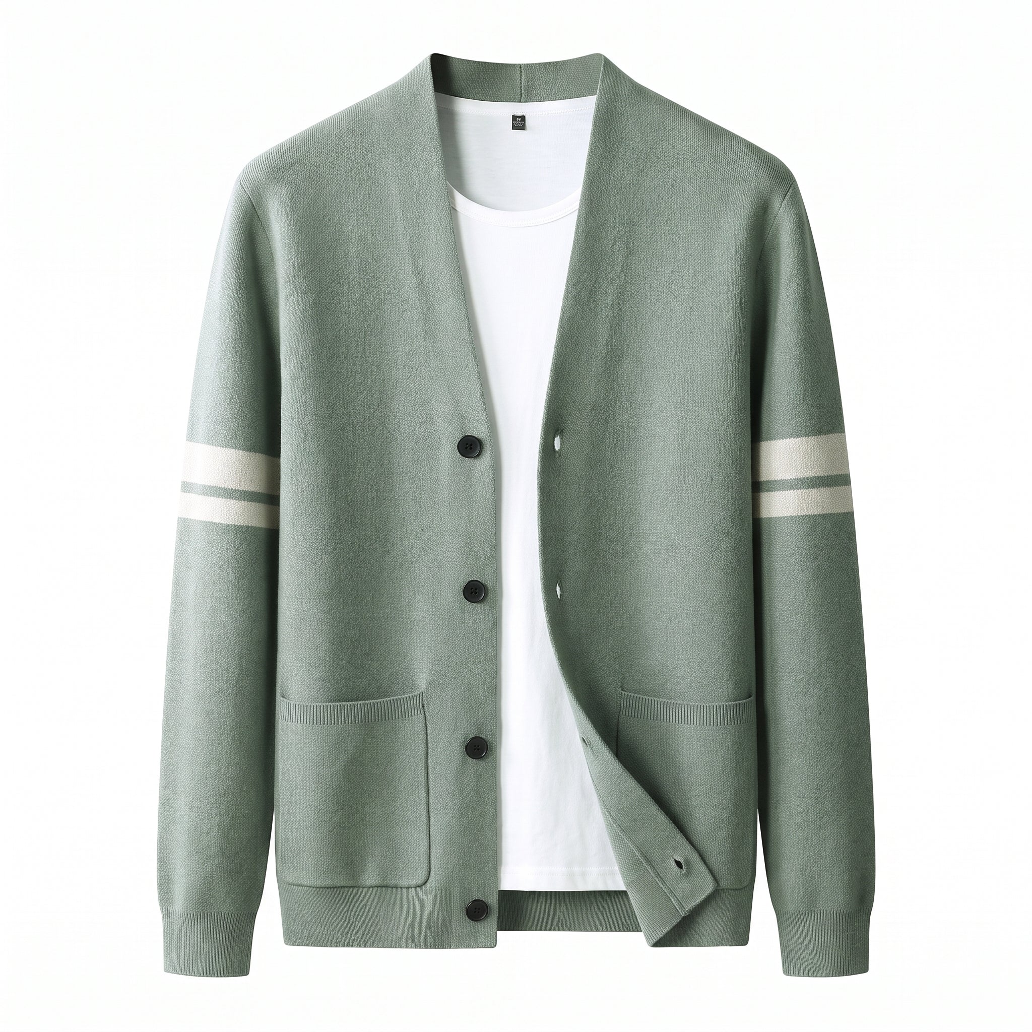 Men's Cardigan Button Up Sweater With Pockets And Striped Sleeves - studio