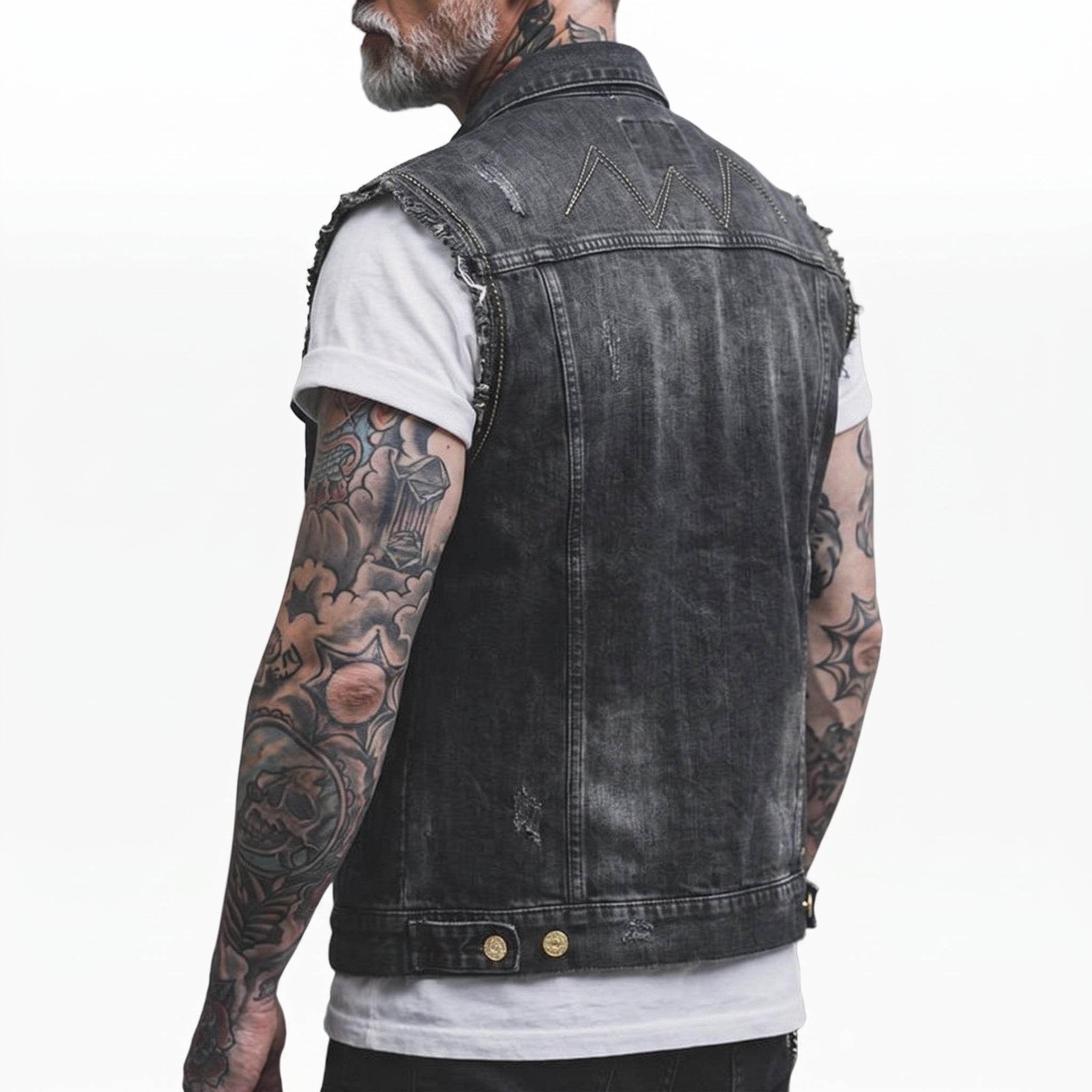 Denim Vest Tailored Fit Button Closure Distressed Details - angle