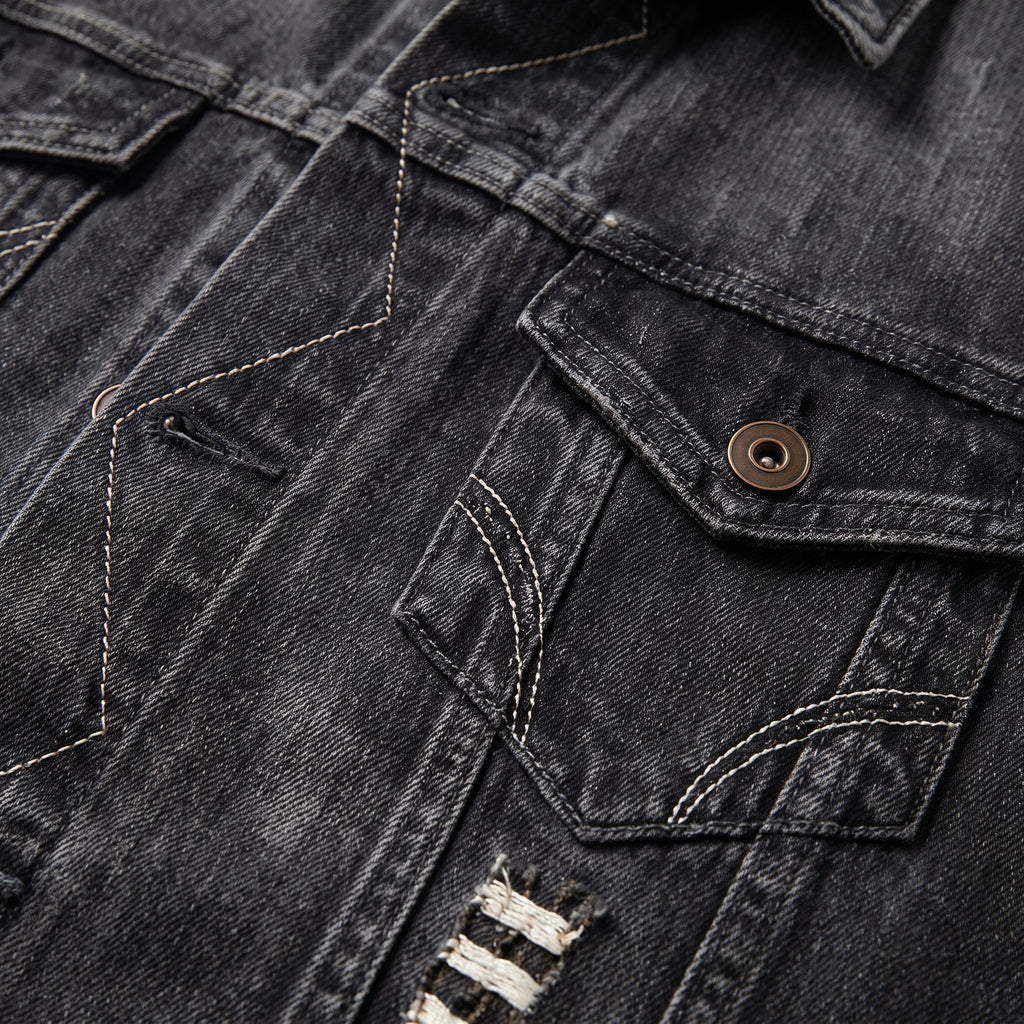 Denim Vest Tailored Fit Button Closure Distressed Details - detail