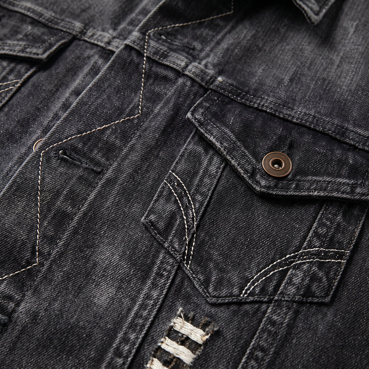 Denim Vest Tailored Fit Button Closure Distressed Details - detail