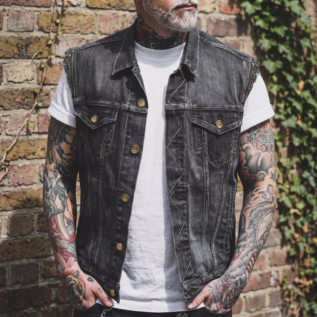 Denim Vest Tailored Fit Button Closure Distressed Details - hero