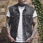 Denim Vest Tailored Fit Button Closure Distressed Details - hero