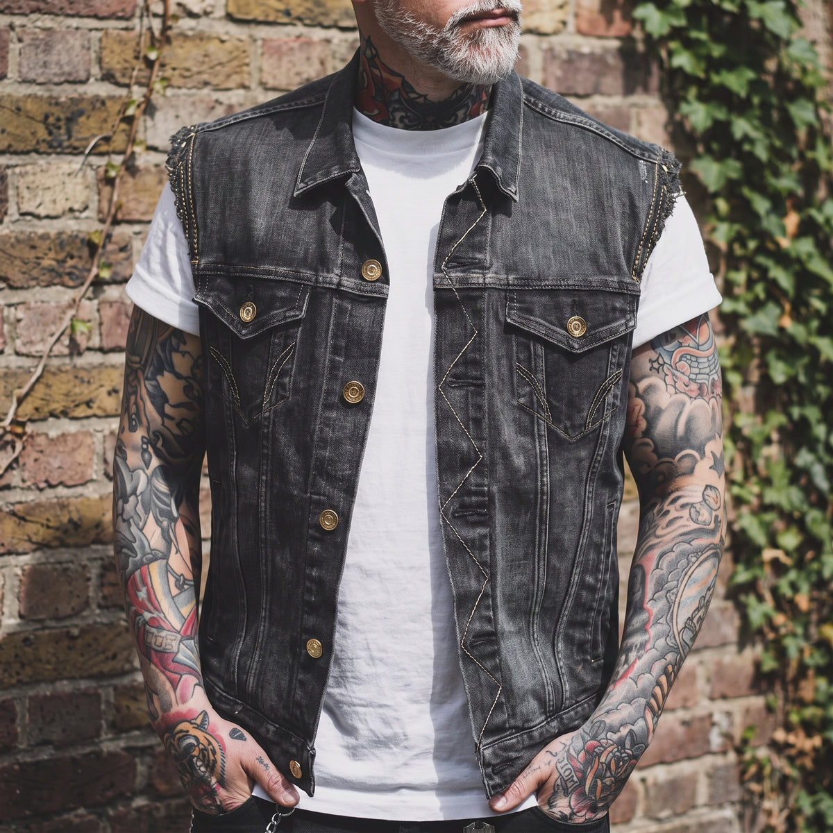 Denim Vest Tailored Fit Button Closure Distressed Details - hero