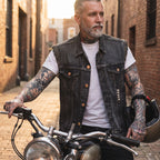 Denim Vest Tailored Fit Button Closure Distressed Details - in-use