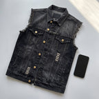 Denim Vest Tailored Fit Button Closure Distressed Details - scale
