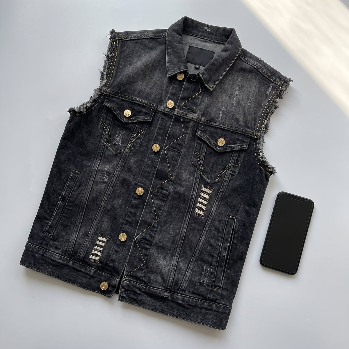 Denim Vest Tailored Fit Button Closure Distressed Details - scale