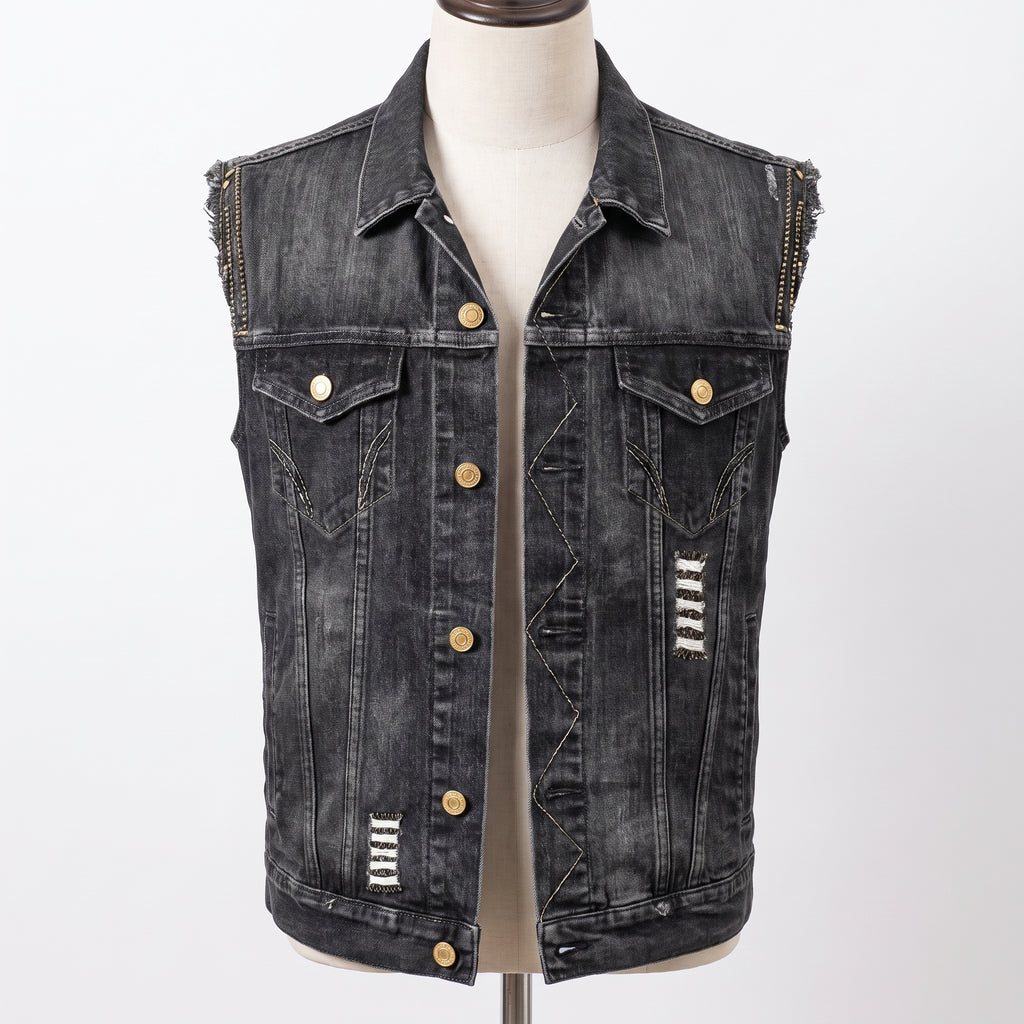 Denim Vest Tailored Fit Button Closure Distressed Details - studio
