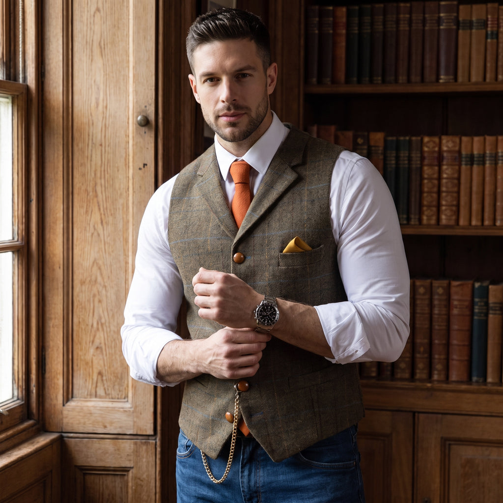 Men's Formal Vest Tailored Fit Plaid Suit V-Neck Waistcoat - in-use