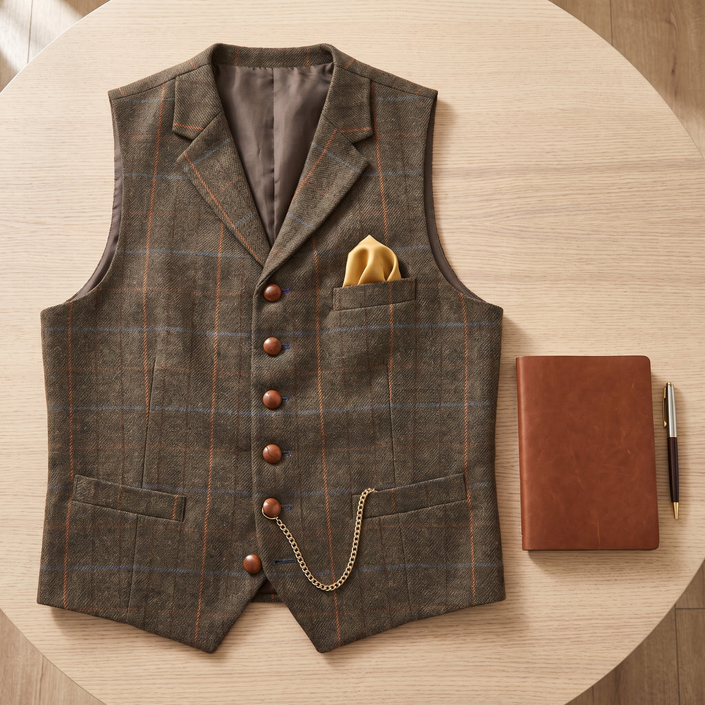 Men's Formal Vest Tailored Fit Plaid Suit V-Neck Waistcoat - scale