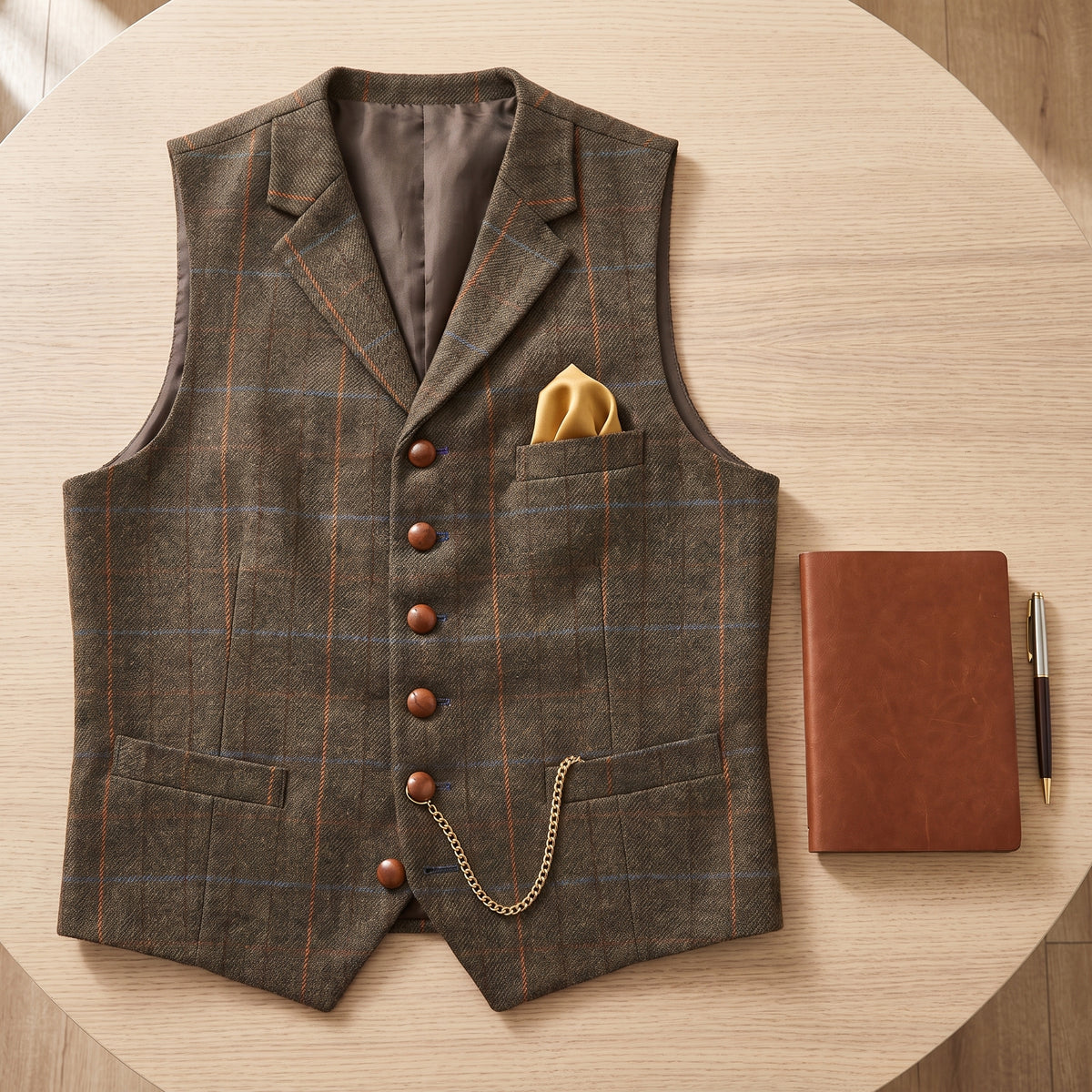 Men's Formal Vest Tailored Fit Plaid Suit V-Neck Waistcoat - scale