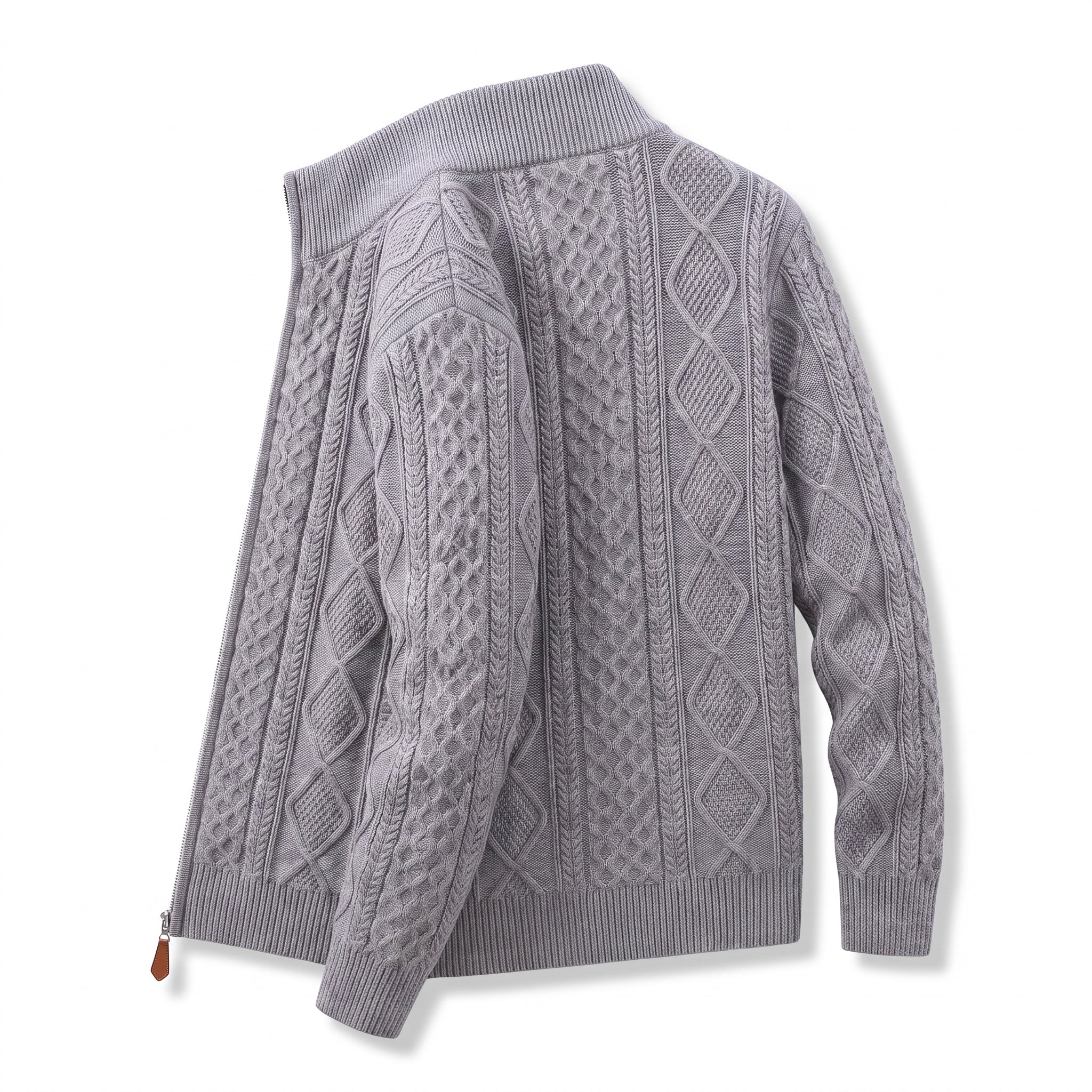 Men's Knit Cardigan Cable Full-Zip With Stand Collar Zip - angle