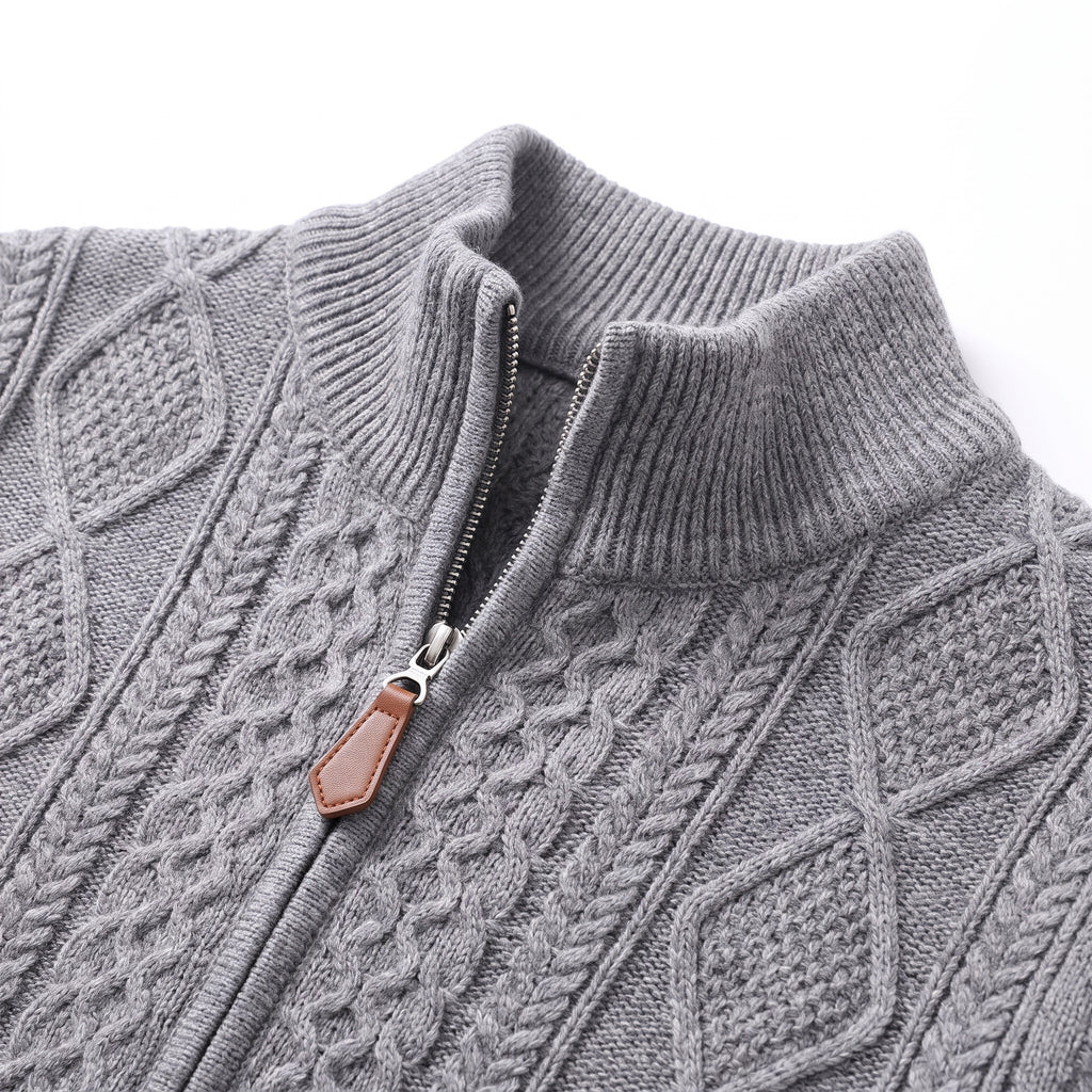 Men's Knit Cardigan Cable Full-Zip With Stand Collar Zip - detail