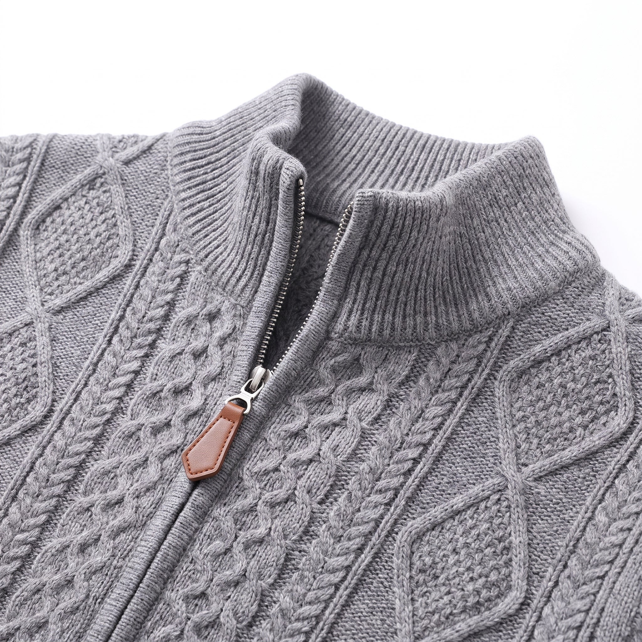 Men's Knit Cardigan Cable Full-Zip With Stand Collar Zip - detail