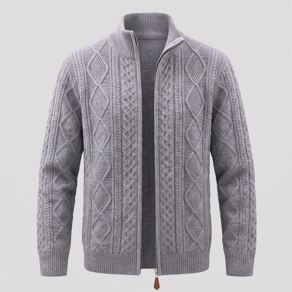 Men's Knit Cardigan Cable Full-Zip With Stand Collar Zip - hero