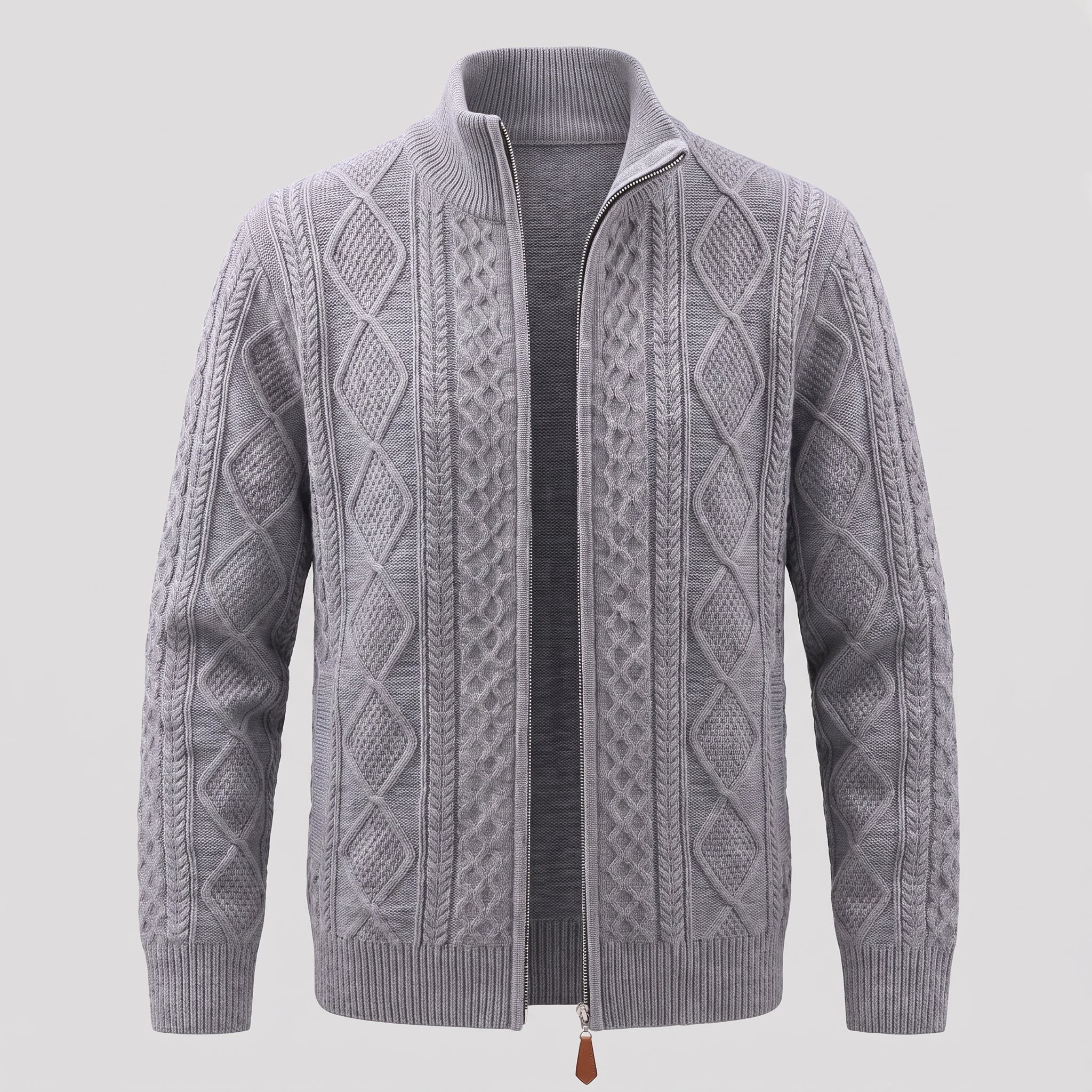 Men's Knit Cardigan Cable Full-Zip With Stand Collar Zip - hero