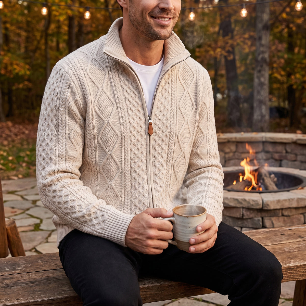 Men's Knit Cardigan Cable Full-Zip With Stand Collar Zip - in-use
