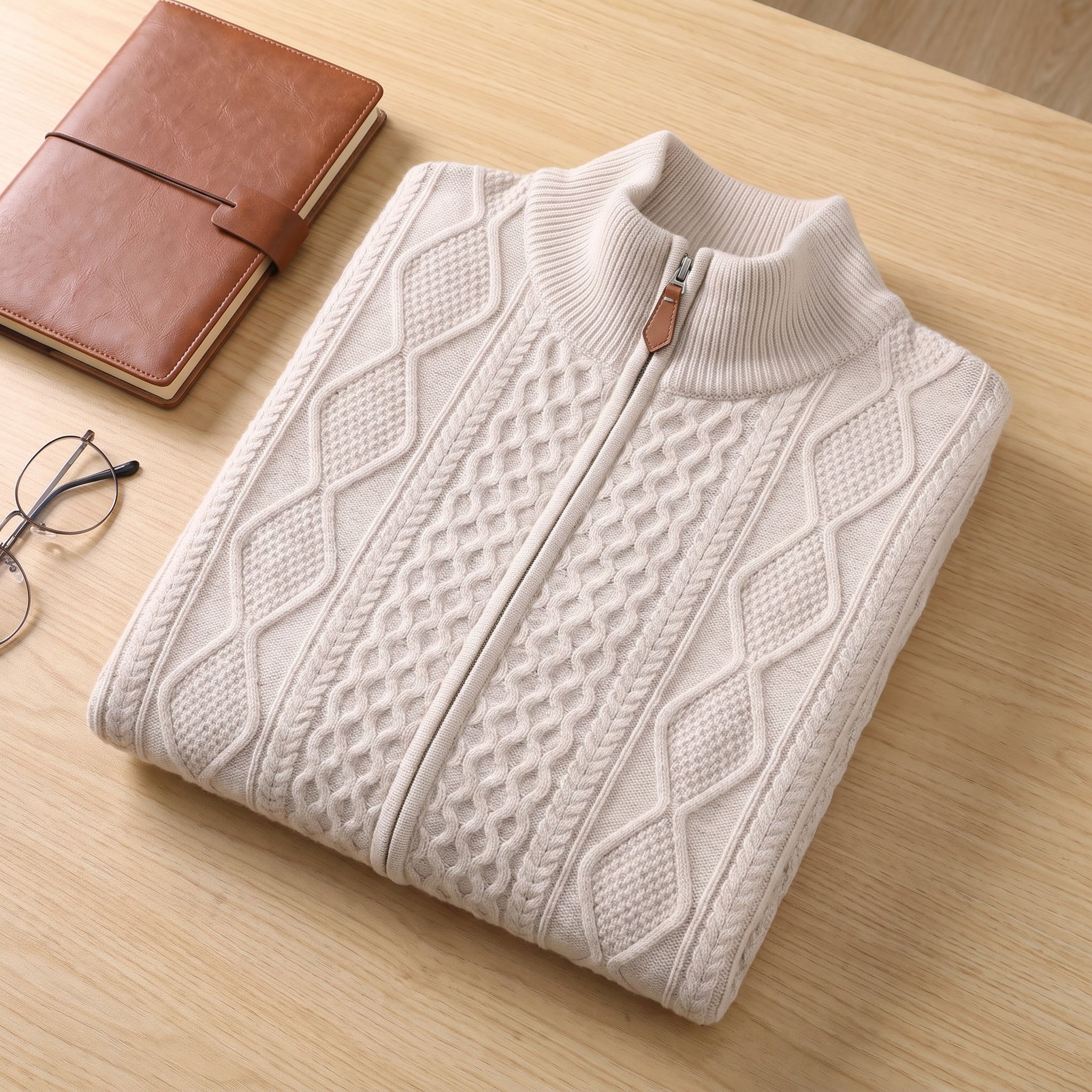 Men's Knit Cardigan Cable Full-Zip With Stand Collar Zip - scale