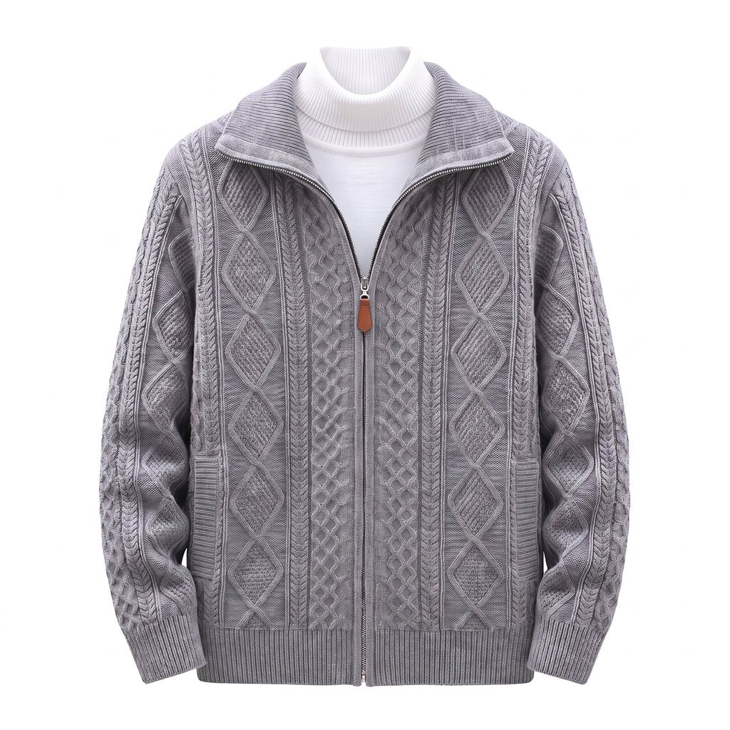 Men's Knit Cardigan Cable Full-Zip With Stand Collar Zip - studio