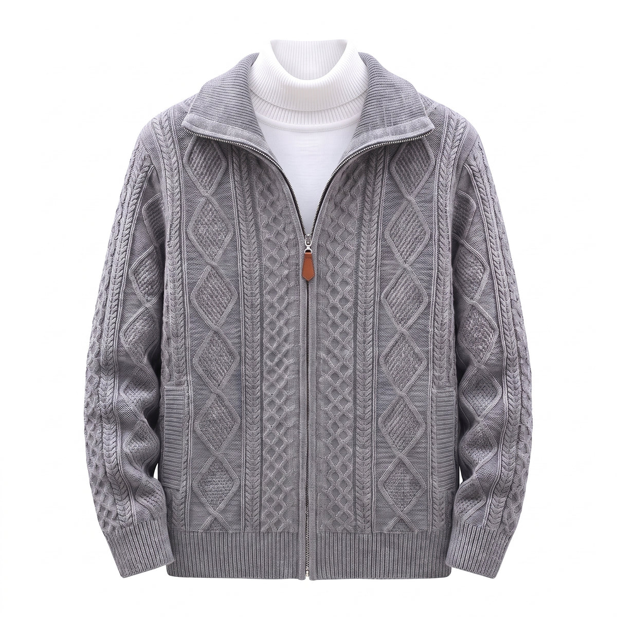 Men's Knit Cardigan Cable Full-Zip With Stand Collar Zip - studio