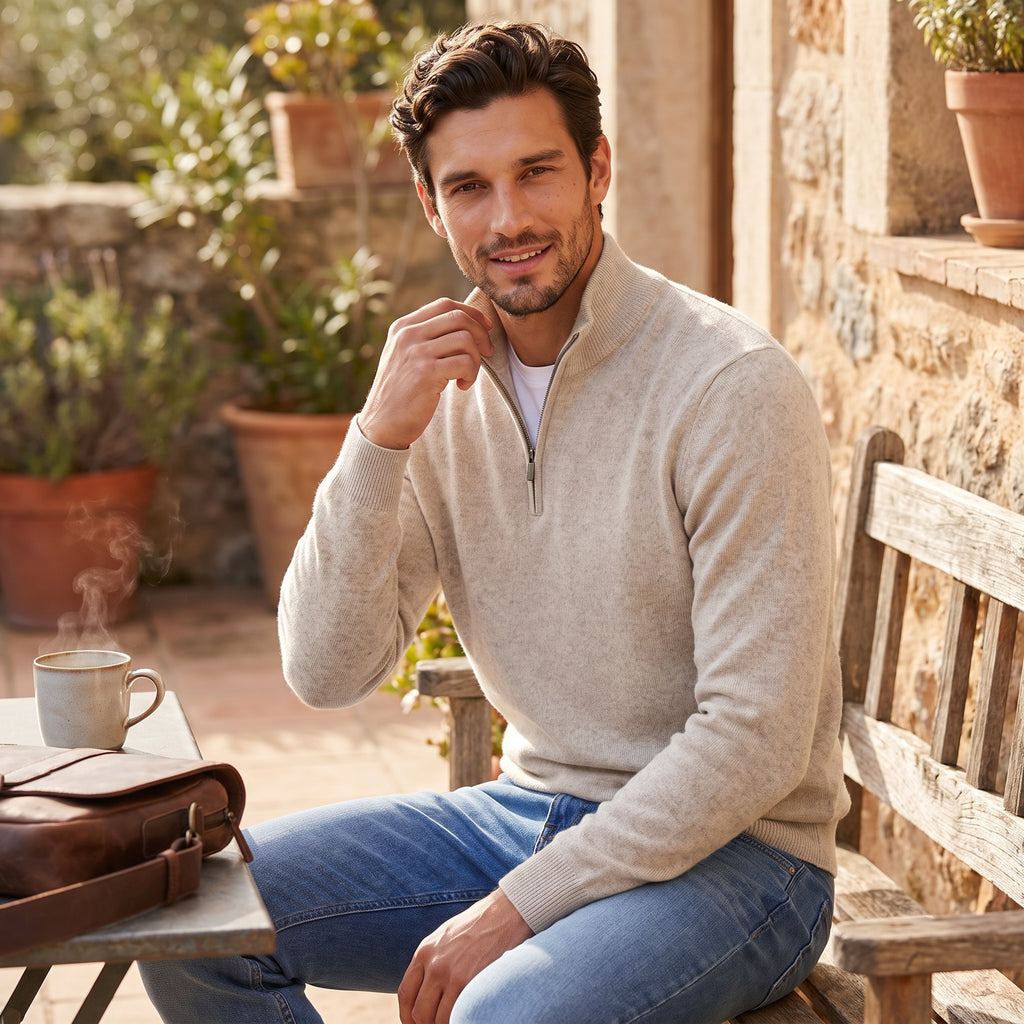Knit Sweater with Supportive Fitted Silhouette and Quarter-Zip Neckline - in-use