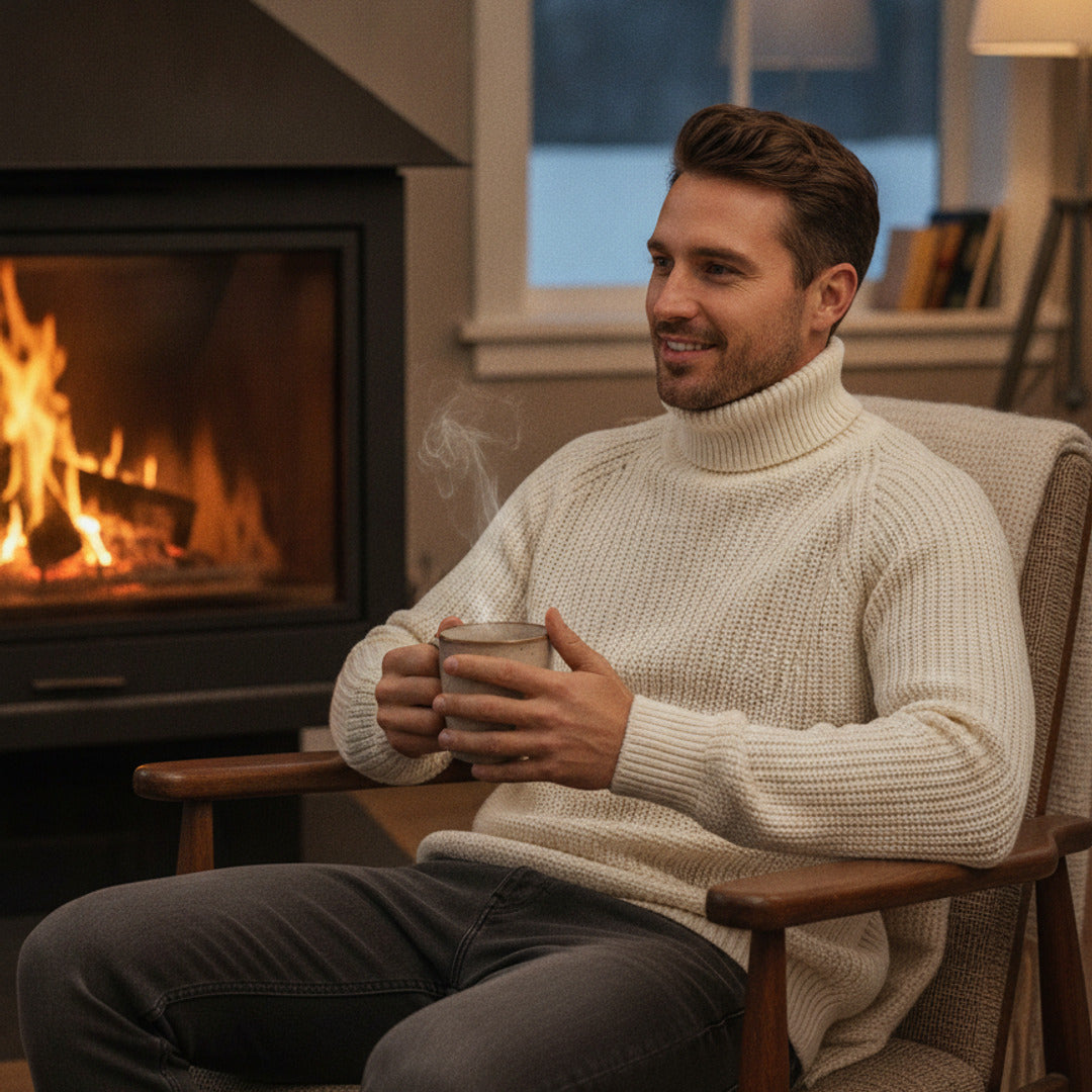 Men's Ribbed Knit Turtleneck Sweater Regular Fit Pullover With Classic Collar - in-use