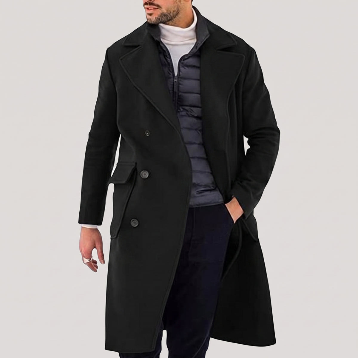Men's Long Coat With Notched Lapels And Two Buttons - hero