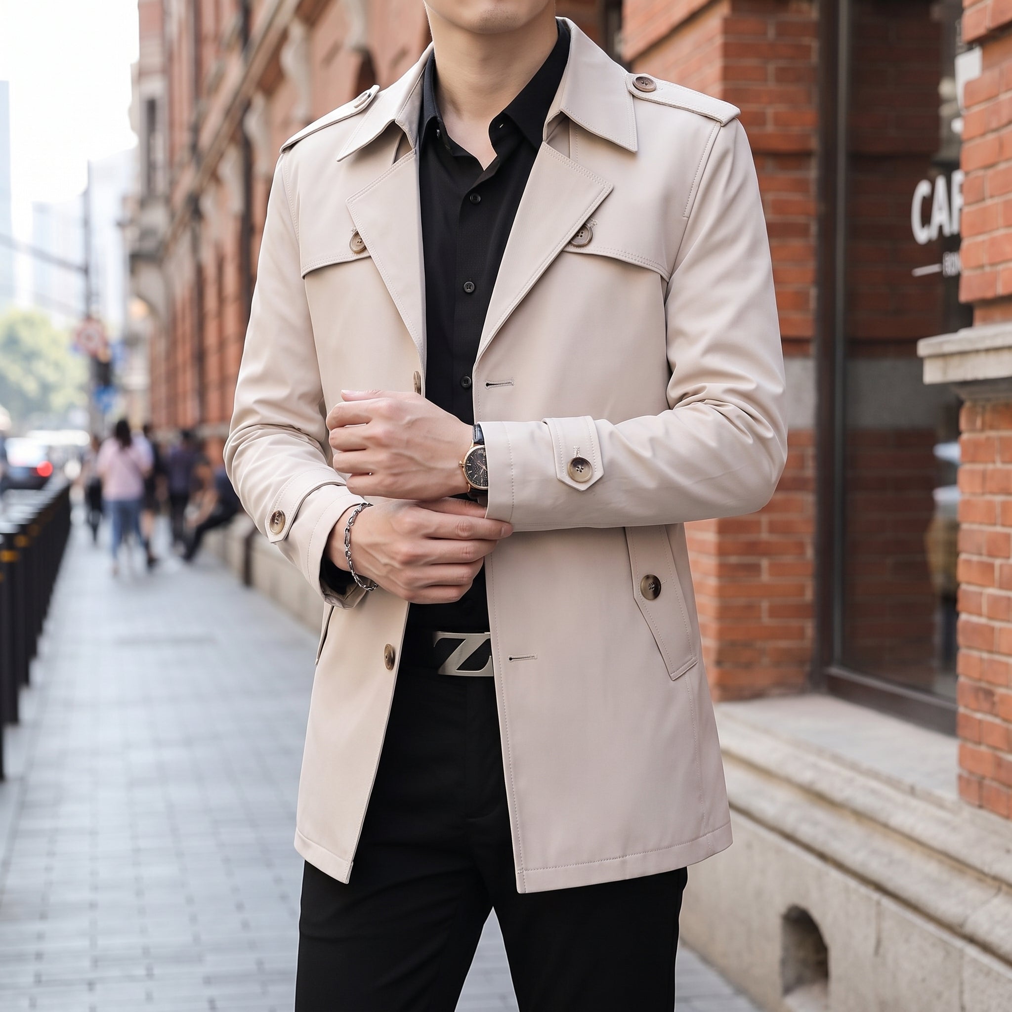 Trench Coat Men Single-Breasted Mid-Thigh Length - in-use