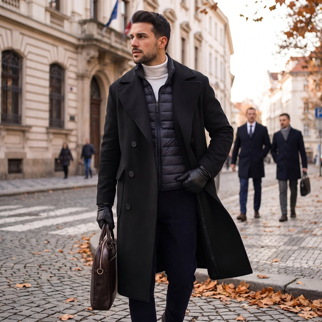 Men's Long Coat With Notched Lapels And Two Buttons - in-use