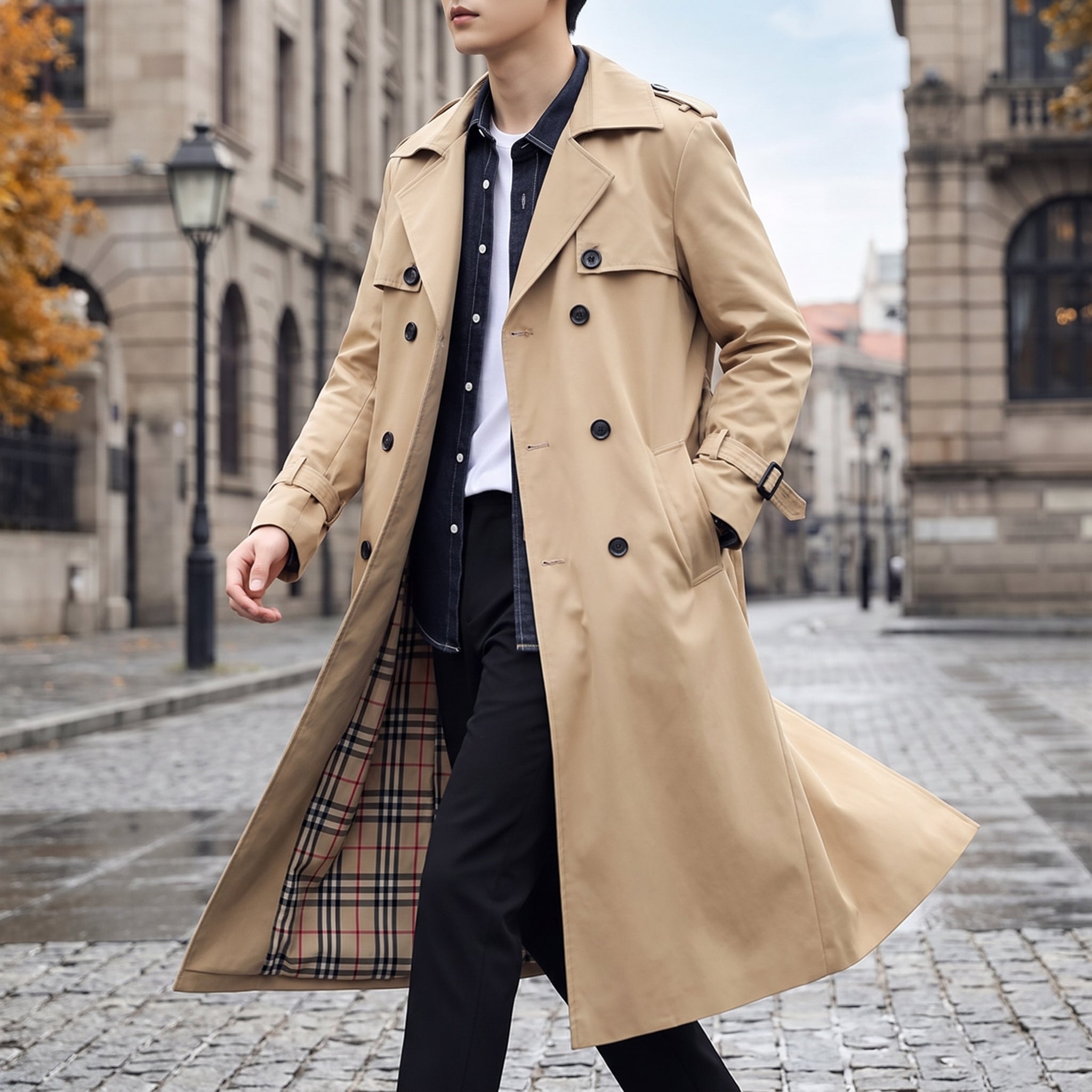 Trench Coat Men Long Double-Breasted - in-use
