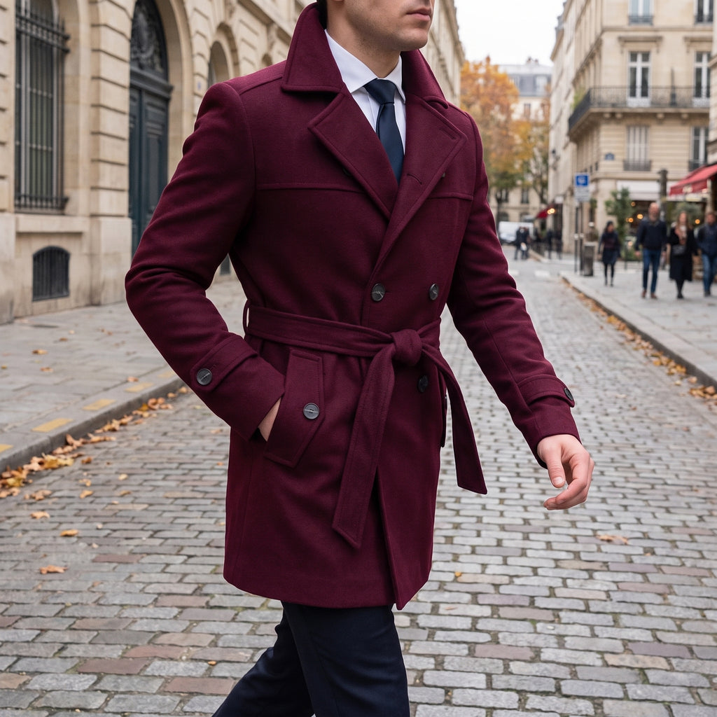 Trench Coat Men Short Belted With Lapels - in-use